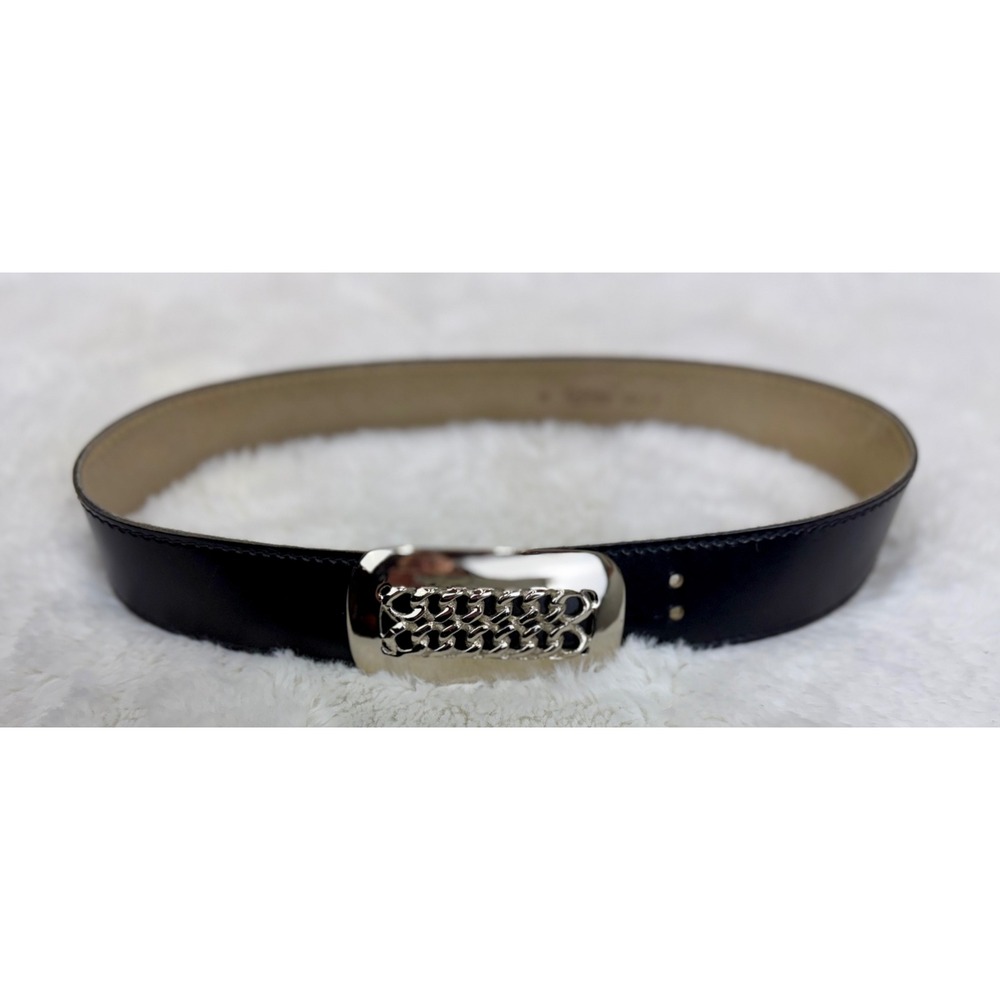 VTG Calderon Black Leather Belt Silver Chain Link Buckle Made in USA Size M